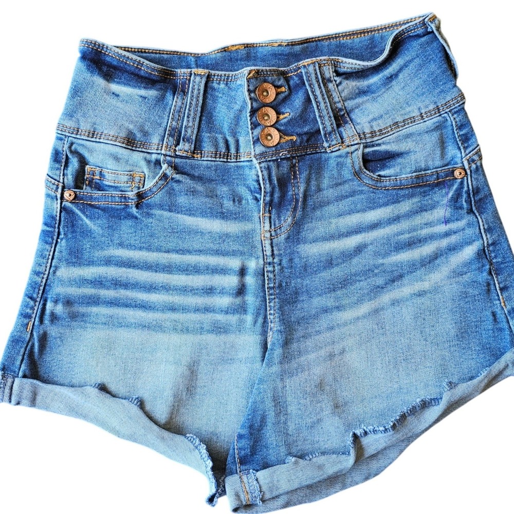 Ariya Jeans High Waisted Denim Shorts Medium Wash Triple Button Size 3/26 EUC